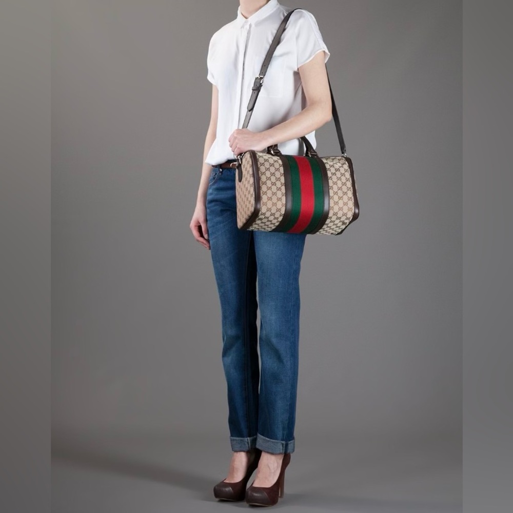 GUCCI Monogram Vintage Web Medium Boston Bag with Brown Leather